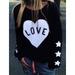 Womens Autumn Casual Pullover Long Sleeve Round Neck Heart Printing Sweatshirt Jumpers