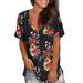 Women's Casual Pocket V Neck Basic Tee Shirt Short Sleeve Tops Basic Summer Casual Ladies Loose Baggy Floral Tunic T Shirts Tee Blouse Beachwear