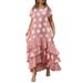 VONDA Women's Short Sleeve Dot Print Ruffle Hem Layered Dress Summer Holiday Dresses