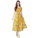 Left wind Long Summer Floral Dress Women Flower Print Casual Scoop Neck Dress Short Sleeve Office Ladies Elegant Vintage Boho Party Dress Yellow XL