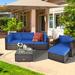 Ebern Designs Patiojoy 6pcs Rattan Patio Furniture Set Cushioned Sofa Chair Ottoman Navy Synthetic Wicker/All - Weather Wicker/Wicker/Rattan | Wayfair