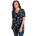 Plus Size Women's Perfect Printed Short-Sleeve Shirred V-Neck Tunic by Woman Within in Blue Rose Ditsy Bouquet (Size 2X)