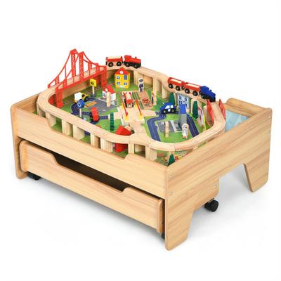 Costway Children's Wooden Railway Set Table with 1...