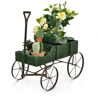 Costway Wooden Wagon Plant Bed With Wheel for Gard...