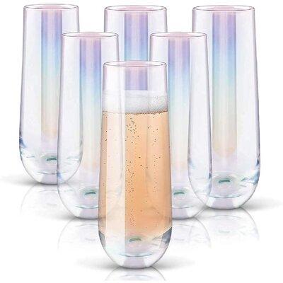 Battle Cow Radiance White Pearl Luster Stemless Champagne Flutes Glasses Set Of 6 (10 Ounce) Elegant All-Purpose Wine Drinking Glassware Beverage Cups For Water