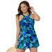 Plus Size Women's High Neck Wrap Swimdress by Swimsuits For All in Blue Hawaiian Floral (Size 16)