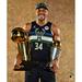 Giannis Antetokounmpo Milwaukee Bucks Unsigned 2021 NBA Finals Larry O'Brien Trophy and Bill Russell MVP Photograph