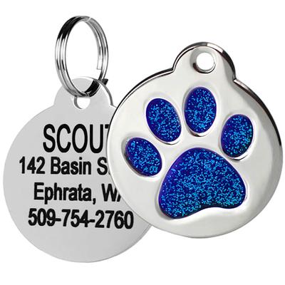 GoTags Personalized Glitter Blue Paw Print Stainless Steel Round Pet ID Tag for Dogs and Cats, Medium