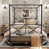 Metal Canopy Bed Frame, Platform Bed Frame with X Shaped Frame Black