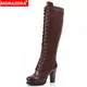 MORAZORA-Bottes hautes en cuir véritable pour femme chaussures à lacets talons hauts plateforme