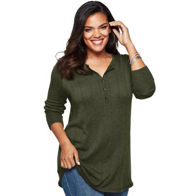 Plus Size Women's Fine Gauge Drop Needle Henley Sweater by Roaman's in Dark Olive Green (Size 6X)