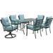 Hanover Lavallette 7-Piece Dining Set in Ocean Blue with 4 Chairs, 2 Swivel Rockers, and a 66" x 38" Glass-Top Table