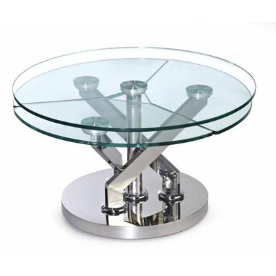 Table basse carrousel à plateaux pivotants en verre et acier chromé - transparent