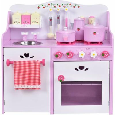 GOPLUS Kinderküche aus Holz, Spielküche mit Wasserhahn, Spielzeug-Küchenzeile, Spielzeugküche mit