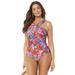 Plus Size Women's High Neck Wrap One Piece Swimsuit by Swimsuits For All in Red Floral (Size 26)
