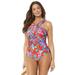 Plus Size Women's High Neck Wrap One Piece Swimsuit by Swimsuits For All in Red Floral (Size 10)