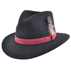 Mens Ladies Unisex 100% Wool Felt Crushable Fedora Trilby Hat with Feather in Black Navy Wine