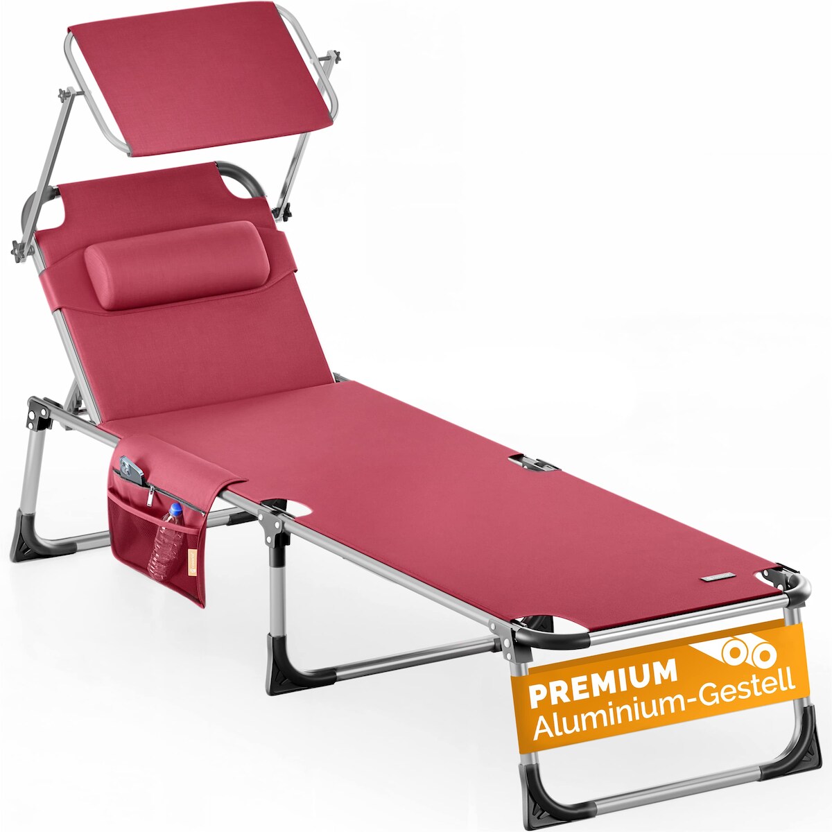 CASARIA® Alu Sonnenliege mit Dach Seitentasche Klappbar Wetterfest Gartenliege Rot Image