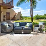 Latitude Run® 5 Piece Rattan Sofa Seating Group w/ Cushions Synthetic Wicker/All - Weather Wicker/Wicker/Rattan in Blue | Outdoor Furniture | Wayfair