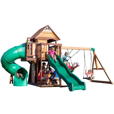 Backyard Discovery Cedar Cove Cedar Wood Swing Set, Slides, Clubhouse - 18'4" x 15'3"