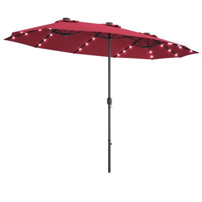 Arlmont & Co. 15' Outdoor Solar Led Patio Double-sided Market Umbrella Beige Metal in Red | 180 W x 108 D in | Wayfair