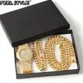 Collier montre et bracelet Hip Hop pour hommes Miami Curb plaqué or cubain entièrement glacé