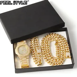 Collier montre et bracelet Hip Hop pour hommes Miami Curb plaqué or cubain entièrement glacé