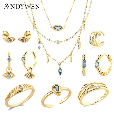 ANDYWEN – ensemble de bijoux en argent Sterling 925 Zircon bleu CZ Piercing boucles d'oreilles