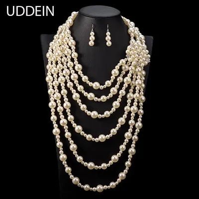 UDDEIN-Ensemble de bijoux multicouches pour femme collier exagéré long fait main perle fleur