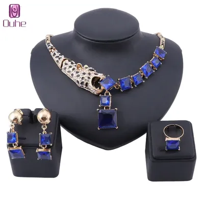 Ensemble de bijoux de luxe pour femmes couleur or cristal bleu léopard collier boucle