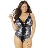 Plus Size Women's V-Neck Ring One Piece Swimsuit by Swimsuits For All in Engineered Floral (Size 4)