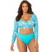 Plus Size Women's Ambition Long Sleeve Cropped Bikini Top by Swimsuits For All in Palm Print (Size 10)