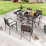Winston Porter Abayomi Square 4 - Person 31.5" Long Bar Height Outdoor Dining Set w/ Cushions Glass/Wicker/Rattan in Black | Wayfair