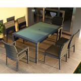 Wade Logan® Suffern 7 Piece Sunbrella Outdoor Dining Set w/ Cushions Glass, Wicker in Blue/Gray | 39.25 H x 59 W x 29.5 D in | Wayfair