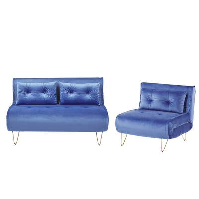 Sofa 3- Sitzer Set Marineblau Samtstoff Sitzgruppe Schlaffunktion Verstellbare Rückenlehne Zierkissen Modern Wohnzimmer