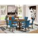 East West Furniture Dining Table Set- a Round Wooden Table and Blue Linen Fabric Chairs, Distressed Jacobean (Pieces Option)