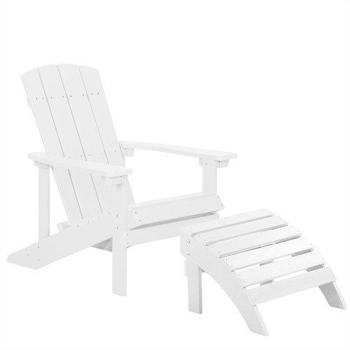 Gartenstuhl mit Fußhocker Weiß Kunstholz Muskoka Stuhl mit breiten Armlehnen Gartenmöbel Gartenausstattung Lounge Terrasse