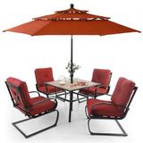 Lark Manor™ Alyah Square 4 - Person 37" Long Outdoor Dining Set w/ Cushions & Umbrella Plastic/Metal in Black | 37 W x 37 D in | Wayfair