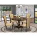 East West Furniture Modern Table Set- a Wooden Table and Brown Linen Fabric Dining Chairs, Distressed Jacobean (Pieces Option)