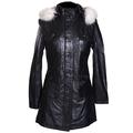 Michelle Black Ladies Detachable Fur Hood Military Style Knee Length Smart Casual Winter Real Lambskin Leather Jacket Parka Coat (Sizes: 8 to 22 Available) (Size: 16)