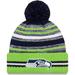 Youth New Era College Navy/Neon Green Seattle Seahawks 2021 NFL Sideline Sport Pom Cuffed Knit Hat