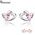 BAMOER-Boucles d'oreilles en argent regardé 925 pour femme bijoux fins double cœur à cœur rose