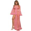 ohyeahlady Women Plus Size Lingerie Robe Mesh Sheer Lace Nightwear Kimono Dressing Gown with Feather Trim (Pink,16-18 )