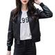 DISSA Women's Black Faux Leather Bomber Jacket Short Fitted Zipper Jacket Stand Collar Spring and Autumn Coat,P5816,3XL
