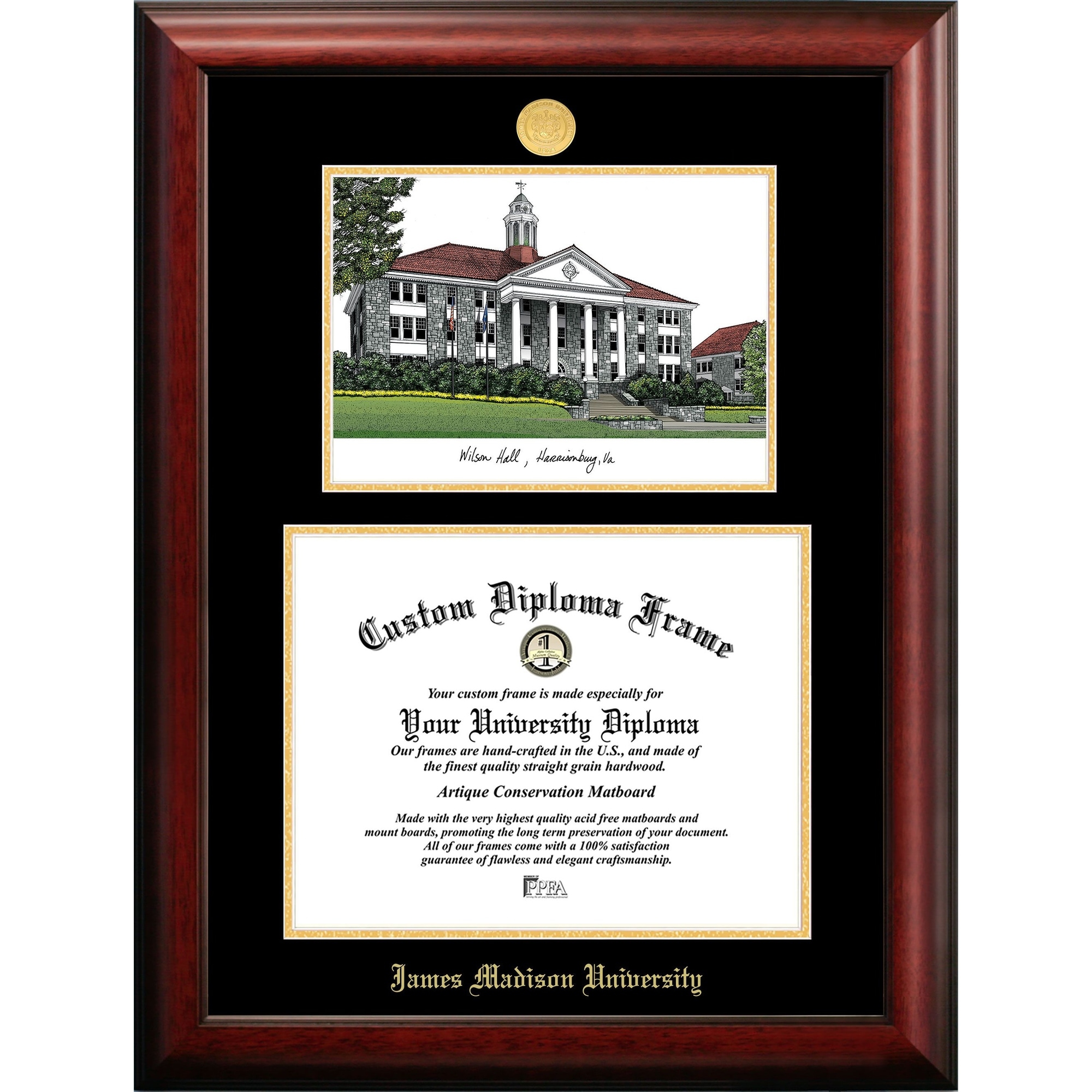 James Madison University 16w x 12h Gold Embossed Diploma Frame with Campus Image