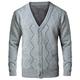 Yukirtiq Men's Knitted Cardigan V-Neck Button Jumper Diamond Pattern Check Fur Line Long Sleeve Knitwear Pocket Grandad Sweater Grey