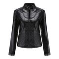 JINGXU New Casual Faux Leather Jacket Simple Trend Thin Coat Long Sleeve Motorcycle Women's Jacket,Black,L