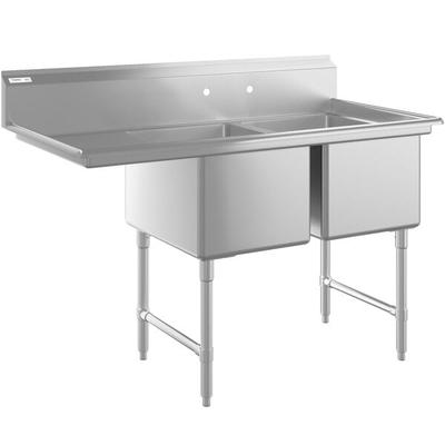Regency 58 1/2" 16-Gauge Stainless Steel Two Compartment Commercial Sink with Stainless Steel Legs, Cross Bracing, and 1 Drainboard - 18" x 24" x 14" Bowls - Left Drainboard