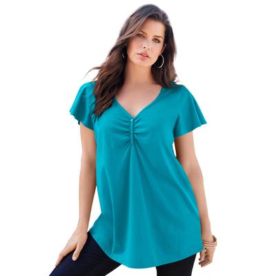 Plus Size Women's Flutter-Sleeve Sweetheart Ultimate Tee by Roaman's in Deep Turquoise (Size 14/16) Long T-Shirt Top