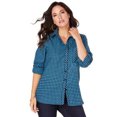 Plus Size Women's Classic Plaid Button-Front Shirt by Roaman's in Blue Plaid (Size 12 W)